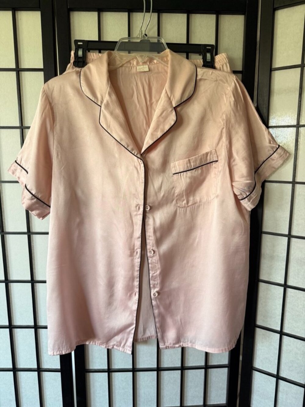 SILKSILKY 100% Silk Pajama Set Blush Pink Black Piping Size S